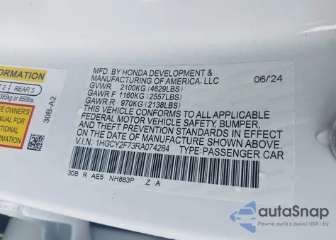 2024 Honda Accord Hybrid Sport-L из США, поврежденный, VIN 1HGCY2F73RA074284